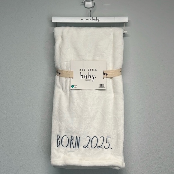 Rae Dunn Baby | White w/ Navy 'Born 2025' Baby Blanket - Picture 1 of 6